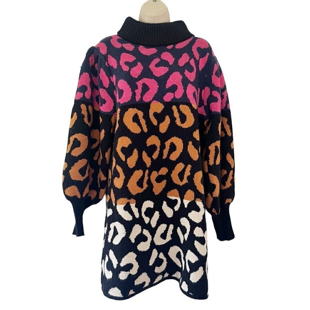 Farm Rio Mixed Leopards Sweater Dress Women's Sz S Pink Blue Orange Black White - Picture 2 of 11